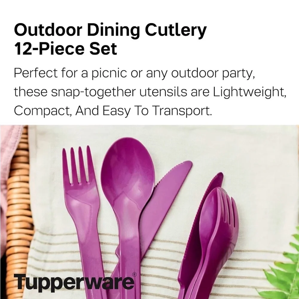 Tupperware NEW Outdoor Dining Cutlery 12-Piece Set (4 Sets) Snap Together Purple